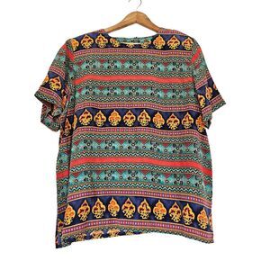 Vtg Geometric Silk Blouse Womens 16 Aztec Floral Tribal Boho Colorful Boxy Artsy